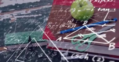 Okuldaki sabit eşyalara karşı matematiksel denklemlerin ve diyagramların dijital bileşimi. okul ve eğitim kavramı.