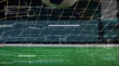 Dijital veri işleme animasyonunun futbol sahasının önünde sekmesi. global spor teknolojisi bağlantıları konsepti dijital olarak oluşturulmuş görüntü.
