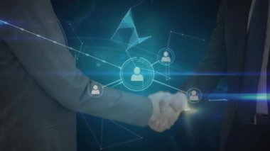 İki iş adamının, Plexus Ağları 'nın küresi karşısında el sıkıştığı bir ağ. küresel iş ve ağ kurma kavramı