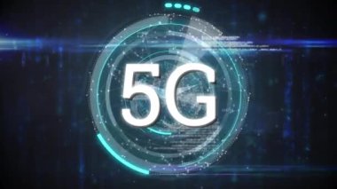 Mavi arkaplan ile bağlantı ağı üzerinden 5G metnin dijital animasyonu. bilgisayar arayüzü ve ağ teknolojisi kavramı.