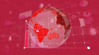 3d covid 19 hücrenin animasyonu. Kırmızı zemin üzerinde dünya ve istatistikler var. Coronavirüs covid 19 küresel pandemik sağlık krizi konsepti dijital bileşik.