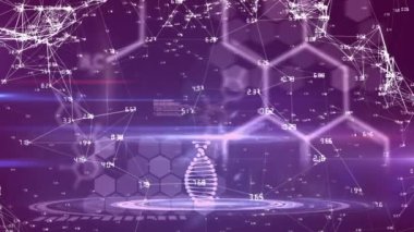 DNA dizilimi, tıbbi veri işleme ve mor arka planda kimyasal bileşik yapıların animasyonu. Küresel bilim teknolojisi kavramı dijital olarak oluşturulmuş görüntü.