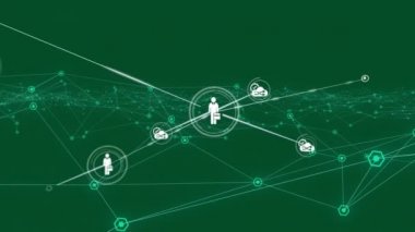 Yeşil arkaplandaki dijital simgelerle bağlantı ağının animasyonu. dijital arayüz küresel bağlantı ve dijital olarak oluşturulan iletişim konsepti.