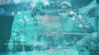 Ameliyat sırasında doktorlara karşı tıbbi veri işleme ve kimyasal bileşik yapıların animasyonu. Küresel bilim teknolojisi kavramı dijital olarak oluşturulmuş görüntü.