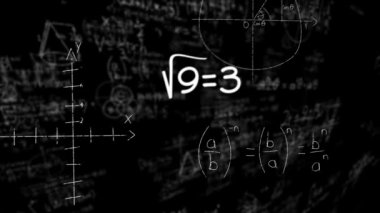 Matematiksel denklemlerin dijital animasyonu ve siyah arkaplana karşı yüzen formül. okul ve eğitim kavramı