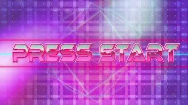 Basın animasyonu metni pembe metalik harflerle soyut şekil üzerinde başlatır. Retro video oyunu iletişim konsepti dijital olarak oluşturulmuş görüntü.