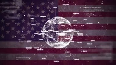 Amerikan bayrağı üzerinde yazı ve veri işleme ağı ile bağlantılı dünya ağının animasyonu. küresel ağ teknolojisi konsepti dijital olarak oluşturulmuş görüntü.