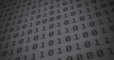 Gri arka planda ikili kodlama dijital veri işlemesinin dijital animasyonu. okul ve eğitim kavramı