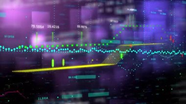 Parlak mor arka plan istatistik ve veri işleme animasyonu. Dijital arayüz iletişim teknolojisi konsepti dijital olarak oluşturuldu.