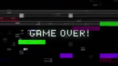 Renkli parazitlerle siyah arkaplanda beyaz harflerle yazılmış oyun bitti. Klasik video oyunu rengi ve hareket konsepti dijital olarak oluşturuldu.
