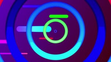 Renkli eşmerkezli daireler ve kapsüller mor arkaplan boyunca hareket ediyor ve batıyor ve güneş doğuyor. Vintage renk ve hareket konsepti dijital olarak oluşturuldu.