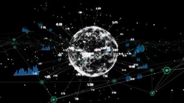 Siyah arka planda dönen bağlantı ağının dijital animasyonu. bilgisayar arayüzü ve ağ teknolojisi kavramı.