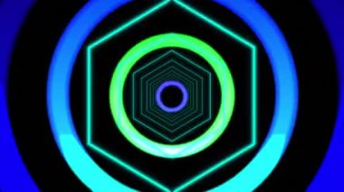 Renkli neon eşmerkezli çemberler ana hatları altıgenler renk arkaplan değişimine devam ediyor. Vintage renk ve hareket konsepti dijital olarak oluşturuldu.