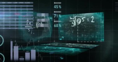 Dünya haritasındaki ekranlardaki istatistik işleme ve finansal verilerin animasyonu. dijital arayüz ve küresel finans bağlantısı konsepti dijital olarak oluşturuldu.