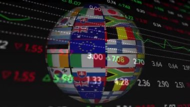 Dünya üzerinde bayraklarla oluşturulan borsa finansal veri işleme animasyonları. küresel finans teknolojisi dijital arayüz konsepti dijital olarak oluşturulmuş görüntü.