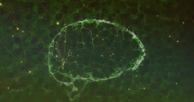 Yeşil arka planda dönen dijital beyin üzerindeki bağlantı ağının dijital animasyonu. Bilgisayar arayüzü ve tıbbi araştırma teknolojisi kavramı