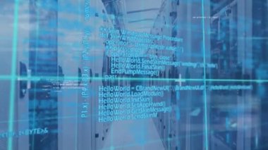 Bilgisayar sunucularının teknik odasında veri işleme animasyonu. dijital arayüz ve küresel teknoloji bağlantı konsepti dijital olarak oluşturulmuş görüntü.