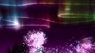 Köknar ağaçlarının üzerinde hareket eden yeşil, pembe ve mavi aurora borealis ışıkları animasyonu. Noel kış manzarası konsepti dijital olarak oluşturuldu.