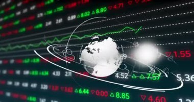 Mali veri işlemenin animasyonu ve simgelerle bağlantı ağının küresi. küresel finansman ağı dijital arayüz konsepti dijital olarak oluşturulmuş görüntü.