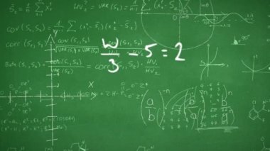 Matematiksel formüllerin dijital animasyonu ve yeşil arkaplanda matematiksel denklemlere karşı yüzen semboller. okul ve eğitim kavramı