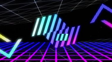 Renkli grafik şekiller birleşiyor ve siyah arkaplanda hareket ediyor. Altında mavi ve pembe ızgara var. Vintage renk ve hareket konsepti dijital olarak oluşturuldu.