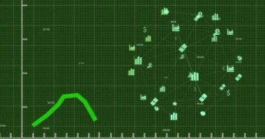 Yeşil arkaplanda finans simgeleri ağına karşı hareket eden yeşil grafiğin dijital animasyonu. küresel finans ve iş konsepti