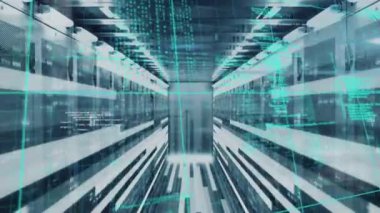 Bilgisayar sunucuları üzerinden veri işleme animasyonu. dijital arayüz ve küresel teknoloji bağlantı konsepti dijital olarak oluşturulmuş görüntü.