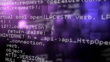 Mor arkaplanda hareket eden kare şekillere karşı veri işleme dijital animasyonu. bilgisayar arayüzü teknolojisi kavramı.