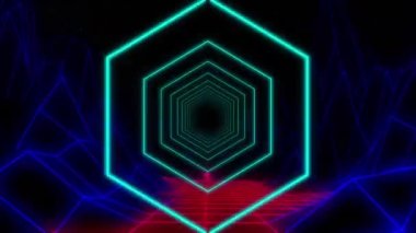 Konsantrik mavi neon altıgen, aşağıda mavi ve kırmızı ızgaraları hareket ettirerek siyah arkaplanda bozulma gösterir. Vintage renk ve hareket konsepti dijital olarak oluşturuldu.