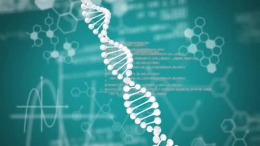 Yeşil arka planda DNA ipliği, tıbbi veri işleme ve kimyasal formüllerin animasyonu. Küresel bilim teknolojisi kavramı dijital olarak oluşturulmuş görüntü.