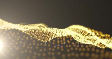 Yüzen ve kahverengi arka planda dalgalanan altın benekli soyut ağ animasyonu. renk ve hareket kavramı dijital olarak oluşturulmuş görüntü.