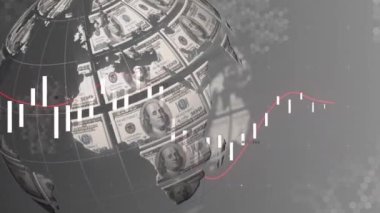 Amerikan dolarları ile oluşturulan dünya üzerindeki finansal veri işleme hattının animasyonu. küresel finans teknolojisi dijital arayüz konsepti dijital olarak oluşturulmuş görüntü.
