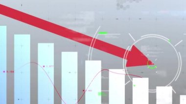 Kırmızı okun alçaldığı ve tarandığı finansal veri işleme hattının animasyonu. küresel finans teknolojisi dijital arayüz konsepti dijital olarak oluşturulmuş görüntü.