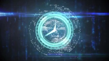 Dijital saatin dijital animasyonu mavi arkaplan ile bağlantılı ağ üzerinde tıklıyor. bilgisayar arayüzü ve ağ teknolojisi kavramı.