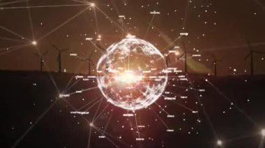 Rüzgâr türbinlerinin üzerinde dönen kelimelerle bağlantılı dünyanın animasyonu. küresel çevre sürdürülebilirlik kavramı dijital olarak oluşturulmuş görüntü.