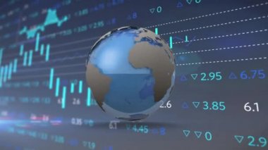 Dünyanın etrafında dönen uçaklar üzerinden finansal veri işleme animasyonu. küresel finans teknolojisi dijital arayüz konsepti dijital olarak oluşturulmuş görüntü.