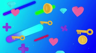 Mavi arkaplanda hareket eden kalp simgeleri ve grafik elementlere sahip anahtar şekiller. Vintage renk ve hareket arayüzü kavramı dijital olarak oluşturuldu.