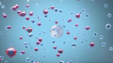 3d covid 19 hücrenin animasyonu mavi arka planda dünya üzerinde yüzüyor. Coronavirüs covid 19 küresel pandemik sağlık krizi konsepti dijital bileşik.