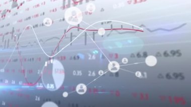 Simgelerle bağlantı ağı üzerinden finansal veri işleme ile çizgilerin animasyonu. küresel finans teknolojisi dijital arayüz konsepti dijital olarak oluşturulmuş görüntü.
