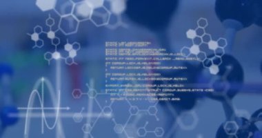 Bilimsel laboratuvara karşı tıbbi veri işleme ve kimyasal bileşik yapıların animasyonu. Küresel bilim teknolojisi kavramı dijital olarak oluşturulmuş görüntü.