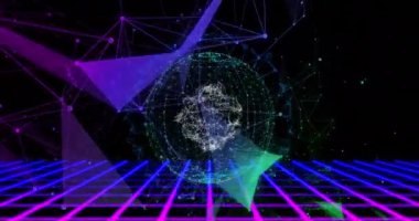 Kürede dönen 3 boyutlu yapı mor ve yeşil şekiller ve altta hareket eden mavi şebeke. Vintage renk ve hareket konsepti dijital olarak oluşturuldu.