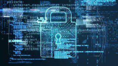 Parlak mavi veri işleme üzerine çevrimiçi asma kilit animasyonu. dijital arayüz küresel bağlantı ve dijital olarak oluşturulan iletişim konsepti.