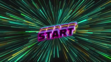 Yeşil ve sarı yıldız patlaması üzerine neon çizgilerle yazmaya başla. Klasik video oyunu rengi ve hareket konsepti dijital olarak oluşturuldu.