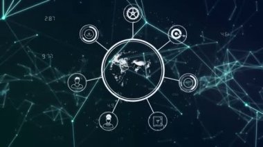 Mavi arkaplan ile bağlantılı ağların dijital animasyonu. bilgisayar arayüzü ve ağ teknolojisi kavramı.