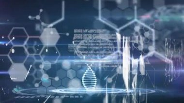 Mavi arka planda DNA ipliği, tıbbi veri işleme ve kimyasal formüllerin animasyonu. Küresel bilim teknolojisi kavramı dijital olarak oluşturulmuş görüntü.