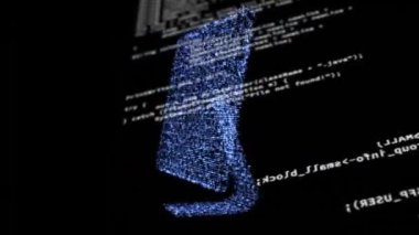 Siyah arkaplanda dönen masaüstü bilgisayar simgesi oluşturan parçacıklara karşı veri işleme dijital animasyonu. okul ve eğitim kavramı