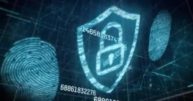 Değişen numaraların animasyonu, parlayan mavi parmak izleri ve çevrimiçi güvenlik kilidi. Dijital arayüz iletişim teknolojisi konsepti dijital olarak oluşturuldu.