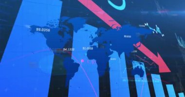 Dünya haritasına inen kırmızı okla finansal veri işleme hattının animasyonu. küresel finans teknolojisi dijital arayüz konsepti dijital olarak oluşturulmuş görüntü.