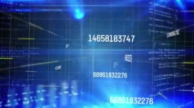 Mavi arka planda değişen sayıların dijital animasyonu ve veri işlemesi. Bilgisayar arayüzü teknolojisi ve çevrimiçi güvenlik kavramı.