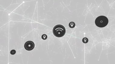 Gri arkaplan üzerindeki bilgisayar simgeleriyle bağlantı ağının animasyonu. küresel ağ teknolojisi konsepti dijital olarak oluşturulmuş görüntü.